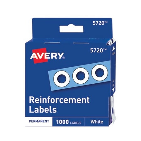Avery Dennison Avery, DISPENSER PACK HOLE REINFORCEMENTS, 1/4in DIA, WHITE, 5720, 1000PK 05720